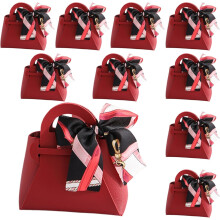 Lot de 10 sacs cadeaux en cuir rouge avec poignées et ruban – Sacs à dragées réutilisables pour anniversaires, fêtes prénatales, mariages,