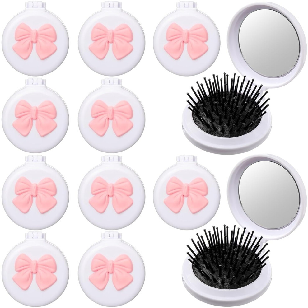 12pcs White Coquette Bow Mini Hair Brushes w/ Folding Mirror, Detangler & Scalp Comb â Compact Travel Gift Set for Women