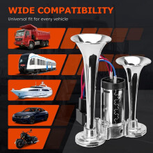 Train Air Horn Kit — 12V/24V Compatible Dual-Tube Black Horn with Compressor & Button, Loud Sound for Trucks, Cars, Trains, Boats