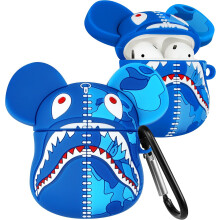 Söpö 3D-sininen hai silikoninen AirPods1&2-kotelo – Kawaii-hai-suojakuori avaimenperällä, yhteensopiva AirPods1/2:n kanssa