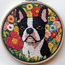Boston Terrier i blomster DIY-nålesæt til begyndere – stemplet mønster, bøjle og forsyninger – kompatibel med nåleværktøjer