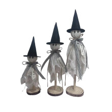Halloween-koristeet sisätiloihin - 3 primitiivisen Halloween-haamun setti puisella jalustalla pöydän keskipisteiksi, hyllyille ja takanreunuksille