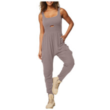 Womens Casual Solid Color Jumpsuit Featuring Art Out Cutout Details Sleeveless Loose Fit for Summer Days Lightweight Breathable Fabric Khaki M