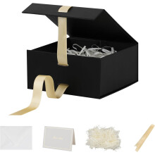 Lot de 5 boîtes cadeaux pliables noires 6x6x3 pouces avec couvercles, ruban, papier déchiqueté et cartes – Idéales pour les cadeaux, la fête