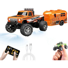 Mini RC auto Monster Truck v měřítku 1/64 s přívěsem, 2,4 GHz a ovládání aplikací, dobíjecí, slitinová skořepina, světla,