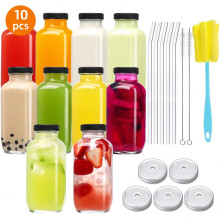 Tomnk10 buc. Sticle de suc de sticlă de 16 oz cu capace, recipiente reutilizabile pentru suc, borcane de băut, pahare de apă cu perie, paie de