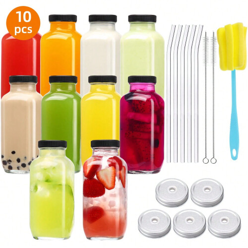 Tomnk10pcs16oz γυάλινα μπουκάλια χυμού με καπάκια, επαναχρησιμοποιήσιμα δοχεία χυμού