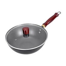 Iron Wok Nonstick Pot Easy to Clean Wooden Handle Rustproof Kitchen Round Bottom With Lid