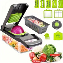 Ensemble de 16 pièces pour découper les légumes : trancheuse, hachoir, râpe avec récipient – ustensile de cuisine peu encombrant