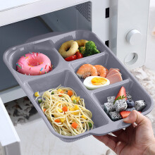 Plateau repas à 5 compartiments en paille de blé, 32,5 x 21,8 cm, compatible micro-ondes et lave-vaisselle, sans BPA, gris clair — Convient aux