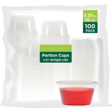 Gobelets en plastique de 30 ml avec couvercles (100 unités) – Jetables pour la préparation des repas, les vinaigrettes, la gelée, les soufflés