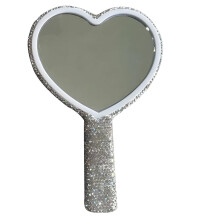 Heart-Shaped Rhinestone Hand Mirror for Women, Portable Travel Cosmetic Mirror, 6.3x4.3 in (16x11 cm), White
