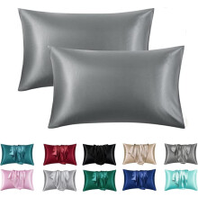 Taie d'oreiller en satin de luxe avec fermeture éclair, taille standard, noire (taie d'oreiller en satin soyeux pour les cheveux) (grise, standard