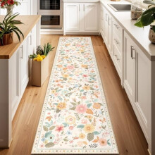 Tapis floral 60x240 cm, lavable en machine, antidérapant, style bohème, pour salon, chambre, chambre d'enfant – Beige/Blanc/Orange