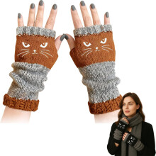 Gebreide vingerloze handschoenen voor dames, 2026 Leuke vingerloze handschoenen met kattenmotief, warme gebreide winterhandschoenen met