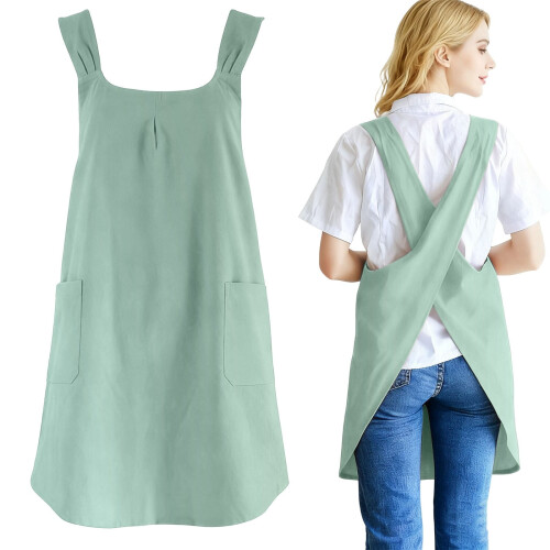 Abito grembiule da donna in cotone e lino, verde menta