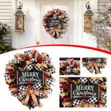 Guirlanda de Natal de 38 cm com placa "Feliz Natal", fita xadrez búfalo e frutinhas vermelhas – Decoração de porta/parede estilo fazenda