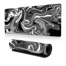 Herná podložka pod myš Abstraktná čiernobiela mramorová fluidná vlna, XL 31,5"x 11,8", prešívaný okraj, gumená podrážka –