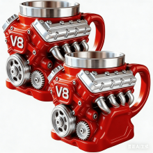 Mug rétro à motif moteur V8/V6, tasse isotherme à double paroi en acier inoxydable avec anse – Idéal pour les passionnés d'automobile, la