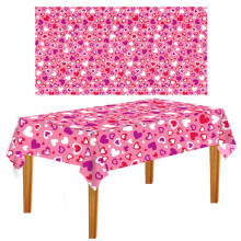 Față de masă cu inimă, 277x137 cm, husă dreptunghiulară de unică folosință din plastic roz și roșu, pentru Ziua Îndrăgostiților,