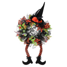 Guirlanda de Halloween para decoração de porta de entrada com esqueleto artificial, enfeites laranja e folha de bordo para decoração de festa