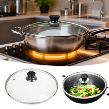 Tapa universal de vidrio para olla, cubierta resistente al calor con orificio de ventilación para vapor, borde de acero inoxidable de repuesto, pomo