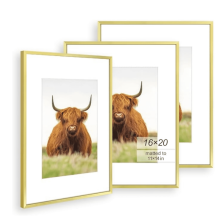 Ensemble de 3 cadres photo 16x20, bordure fine dorée, compatibles avec les formats 11x14 avec passe-partout ou 16x20 sans passe-partout, fixation