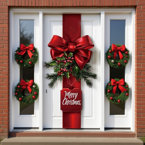 Cortina de Natal 3D com Laço, 70,87 x 35,43 polegadas - Capa Decorativa para Porta de Entrada, Varanda e Decorações de Natal
