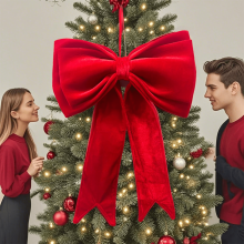 Laço de Natal extra grande de veludo vermelho de 63,5 cm (25") - Enfeite gigante para árvore de Natal com estrutura de arame oculta, fita