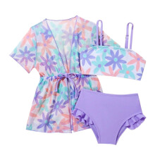 Girls Swimwear 3 Piece Set with Floral Cover Up and Cute Cartoon Print Bikini for Beach Pool Summer Vacation Outfit Casual Swimsuit