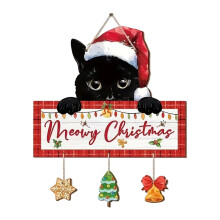 Black Cat Christmas Wood Sign, Meowy Ornament (11"x9.5"), Santa Hat Kitty Gift, Compatible with Xmas Tree, Wall, Door