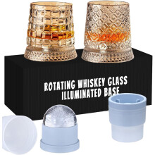 2PC Rotating Whiskey Glasses with Light-up Spinning Base & Ice Cups – Compatible with Bourbon, Old Fashioned