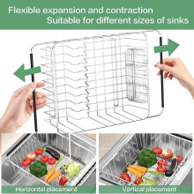 Égouttoir à vaisselle extensible et réglable en acier inoxydable 304 pour évier, antirouille avec porte-ustensiles – Compatible avec les
