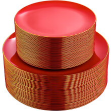 Lot de 100 assiettes jetables en plastique rouge résistant - Comprend 50 assiettes plates et 50 assiettes à dessert pour fêtes et mariages