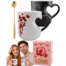 Lot de 2 tasses magiques thermochromiques en forme de cœur, tasses à changement de couleur révélatrices d'amour avec anse en forme de cœur –