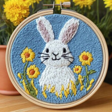 DIY Punch Needle Kit: Cute White Rabbit Easter Design, Easy for Beginners, Includes Hoop & Yarn – 20x20cm Embroidery Set