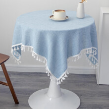 Nappe carrée en lin bleu clair, 100 cm, lavable et infroissable, avec pompons – Décoration champêtre/mariage/camping