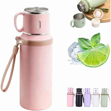 Bouteille isotherme 2 en 1 en acier inoxydable avec couvercle anti-fuite et gobelet intégré, large ouverture, conserve les boissons chaudes et