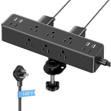 Flat Plug Desk Clamp Power Strip, 10FT Cord, 9 AC Outlets + 8 USB Ports, 24W, Surge Protector, Fits 1.7" Edge, Compatible with Office Desks