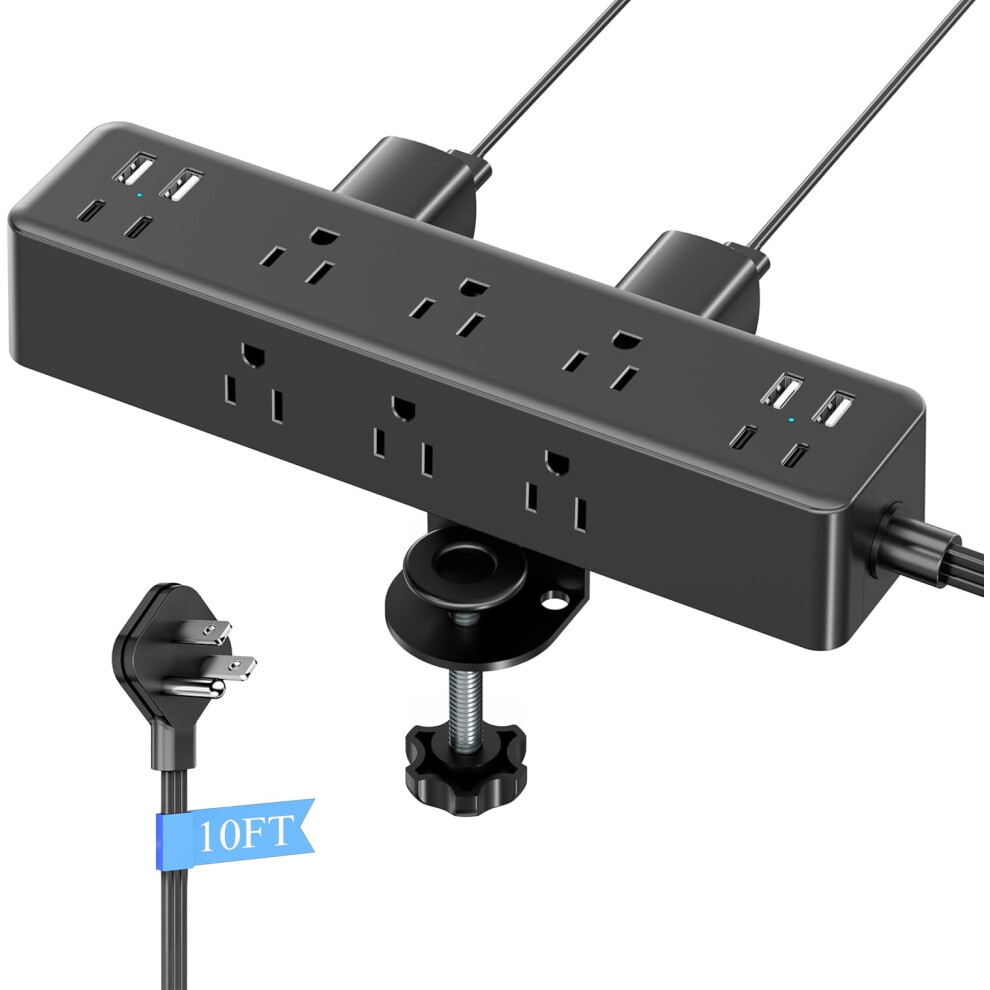 Flat Plug Desk Clamp Power Strip, 10Ft Cord, 9 Ac Outlets + 8 Usb Ports, 24W, Surge Protector, Fits 1.7" Edge, Compatible With Office Desks 9083649095584