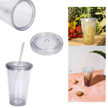 CHENG Mug isotherme à double paroi en plastique transparent de 473 ml (16 oz) avec couvercle et paille, mug réutilisable à emporter | Sans BPA,