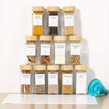Ensemble de 12 pots à épices en verre avec fermeture hermétique, couvercles en bambou et saupoudreur, entonnoir en silicone, étiquettes –