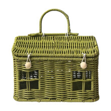 Garden Harvest Basket 8.7", House-Shaped PP Rattan Picnic Basket with Lid, Handle & Button Closure – Green