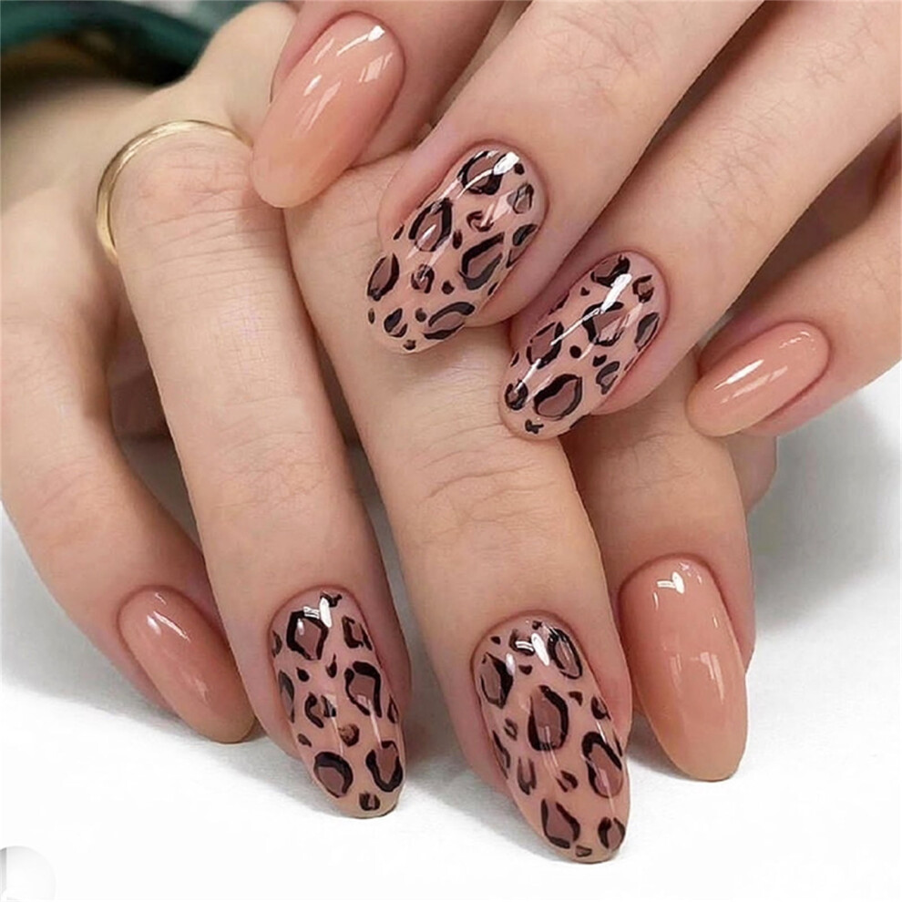 24 Pieces Press On Nails Short Almond Leopards Glossy False Nails Full Covers on Nails Winter Nails Art Decoration