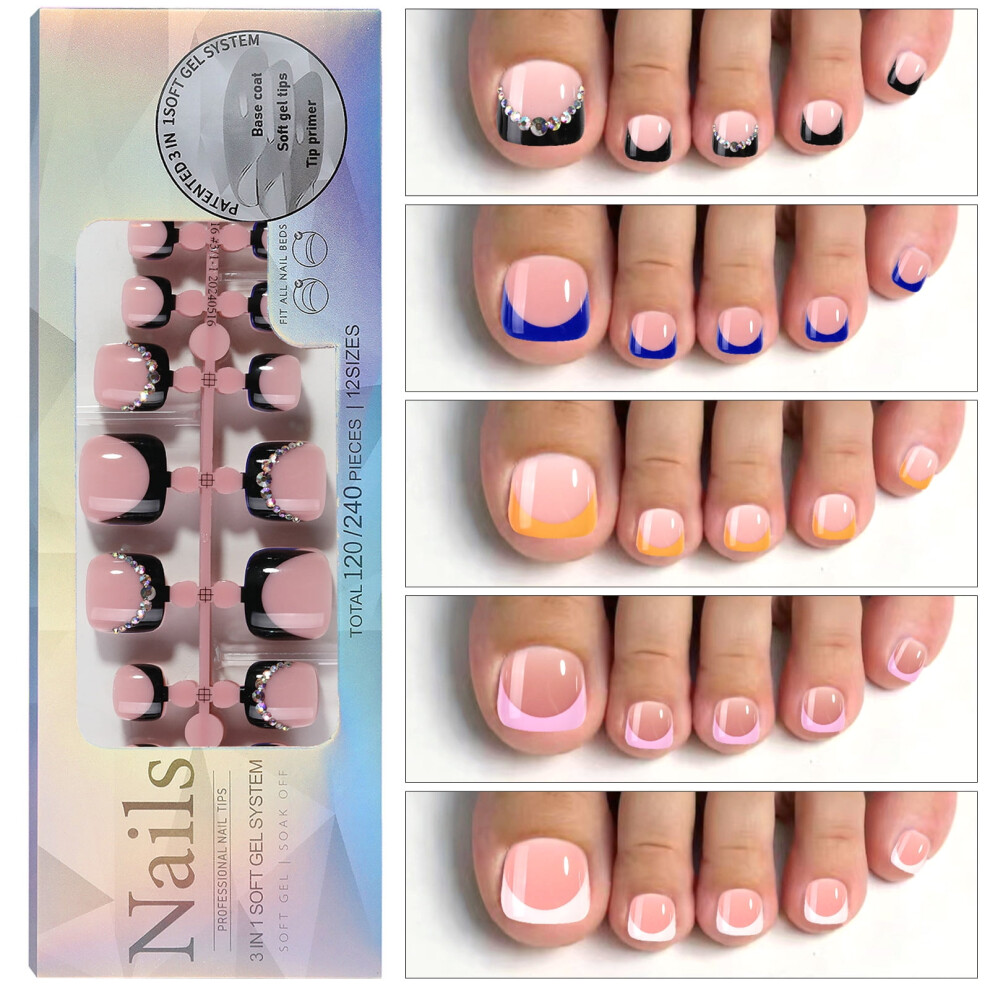 120PCS French Gel Toenail Tips French Tips Press on Nails 12 Sizes Fake Nails False Toe Nail Wearable Tips for Nail Art DIY