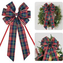 Navy Blue & Gold Plaid Christmas Tree Bows 1020'', Wire-Edge Premade Wreath/Gift Bows for Holiday Decor, 2 PCs