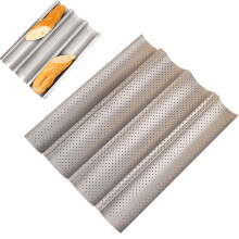 Non-Stick French Bread Baking Pan (38cm) - Perforated Loaf Pan with Proofing Cloth & Dough Cutter, Home Baking Tool Kit,1PC - 4 Groove Silver
