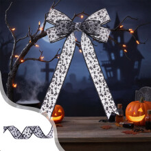 Halloween drótozott szélű szalag – pókháló és csontváz mintával, fekete/fehér zsákvászon szalag barkácsoláshoz,