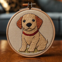DIY-hulnålesæt: Mønster til lille labradorhund, nemt for begyndere, inklusive bøjle og trykt design – 20x20 cm, kompatibel med standard hulnål