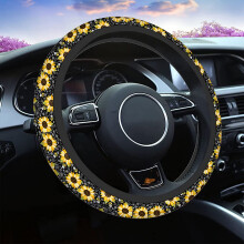 Stuurwielhoes met zonnebloem- en bijenmotief – Antislip zwarte wrap, geschikt voor de meeste 15-inch auto-/vrachtwagenwielen.